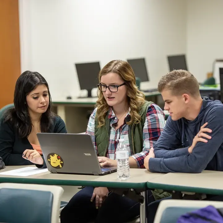 Students collaborating at a table viewing a laptop.