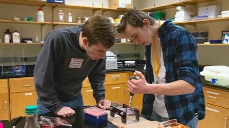 High school student with college student in biology lab