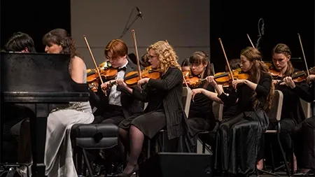 Group of people playing violin in an orchestra